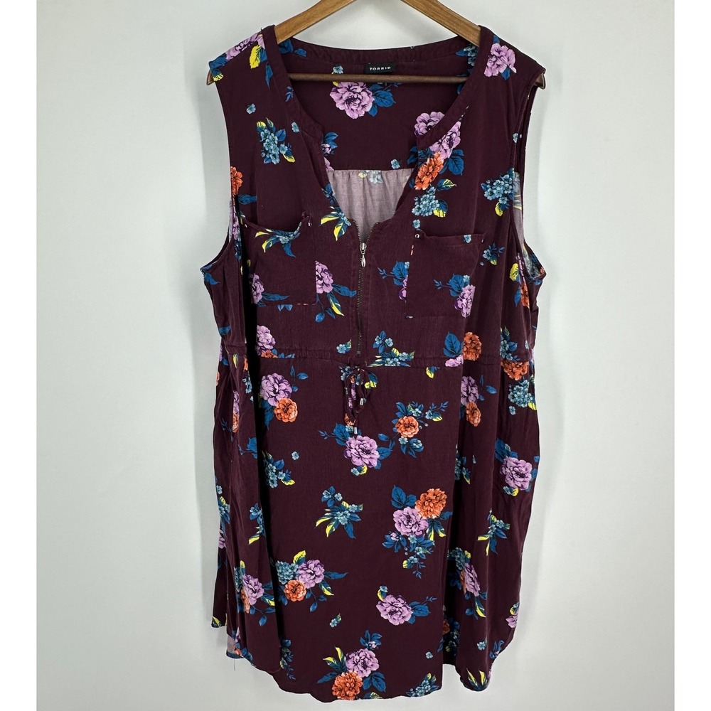 Torrid Womens Floral Half Zip Sleeveless Tunic Top Burgundy Pockets Size 4X